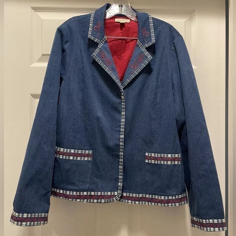 Vintage Appleseeds Denim Embroidered Blazer Jacket Size L